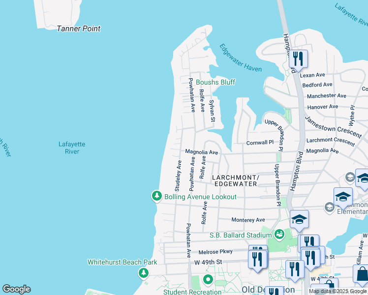 map of restaurants, bars, coffee shops, grocery stores, and more near 1614 Magnolia Avenue in Norfolk