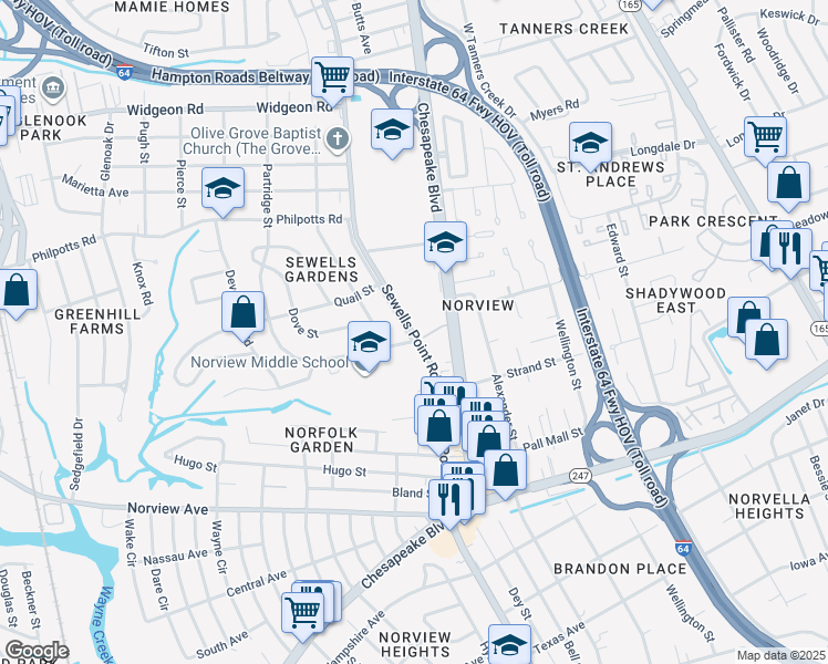 map of restaurants, bars, coffee shops, grocery stores, and more near 6349 Sewells Point Road in Norfolk