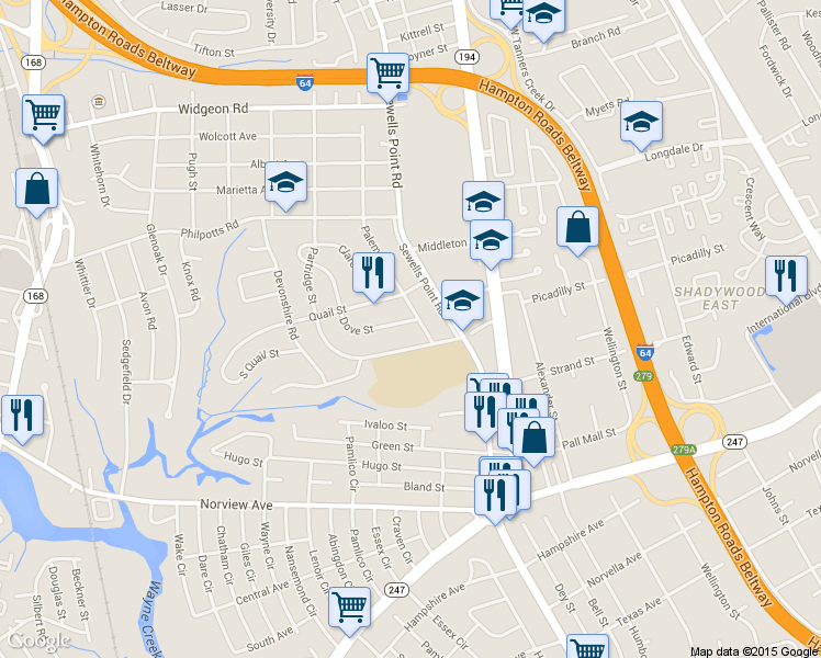 map of restaurants, bars, coffee shops, grocery stores, and more near 6359 Dove Street in Norfolk