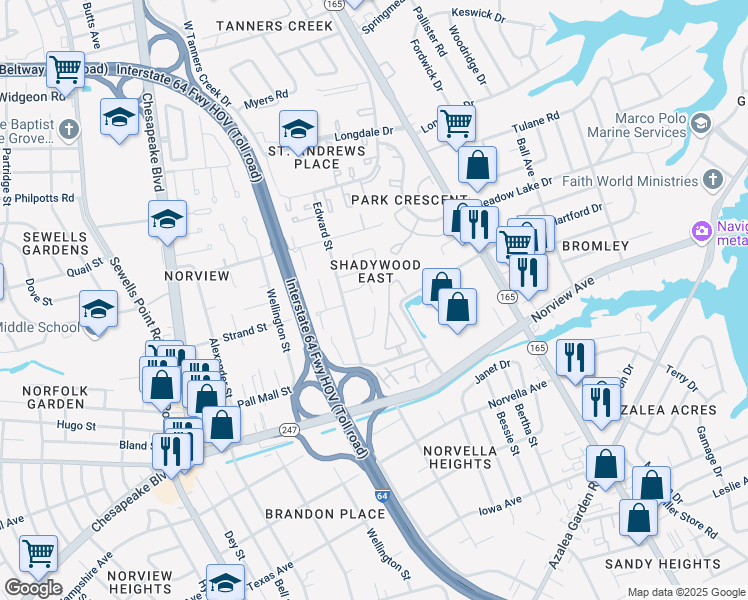 map of restaurants, bars, coffee shops, grocery stores, and more near 1454 Shadywood Road in Norfolk