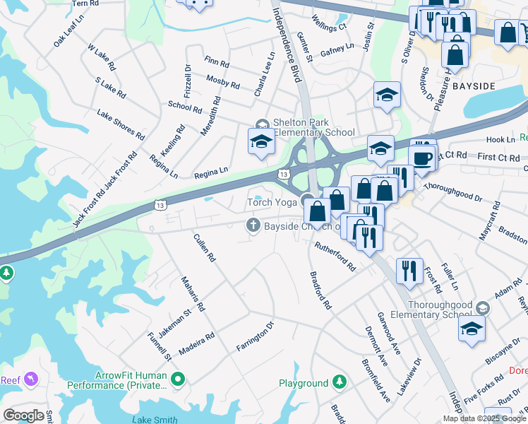 map of restaurants, bars, coffee shops, grocery stores, and more near 5329 Bardith Circle in Virginia Beach