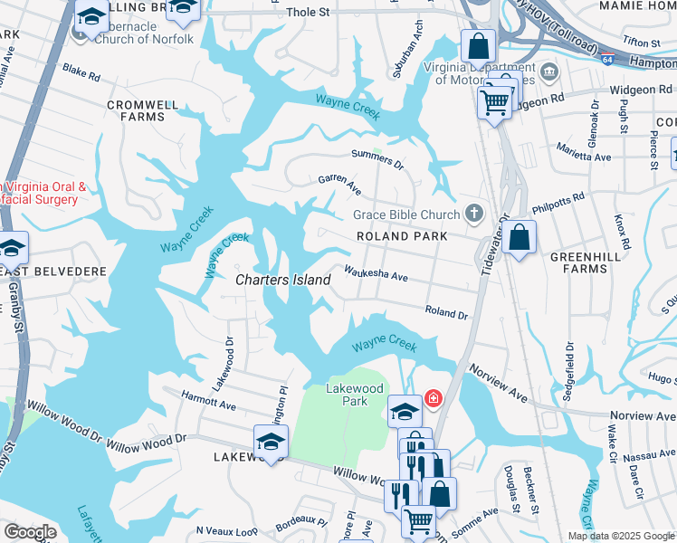 map of restaurants, bars, coffee shops, grocery stores, and more near 505 Waukesha Avenue in Norfolk