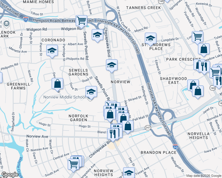map of restaurants, bars, coffee shops, grocery stores, and more near 6347 Chesapeake Boulevard in Norfolk