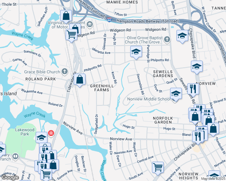 map of restaurants, bars, coffee shops, grocery stores, and more near 6336 Glenoak Drive in Norfolk