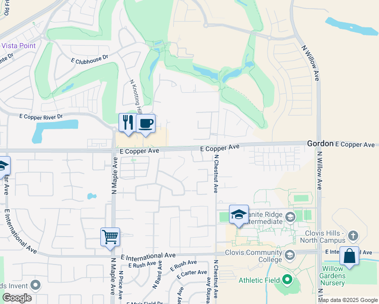 map of restaurants, bars, coffee shops, grocery stores, and more near 2393 East Copper Avenue in Fresno