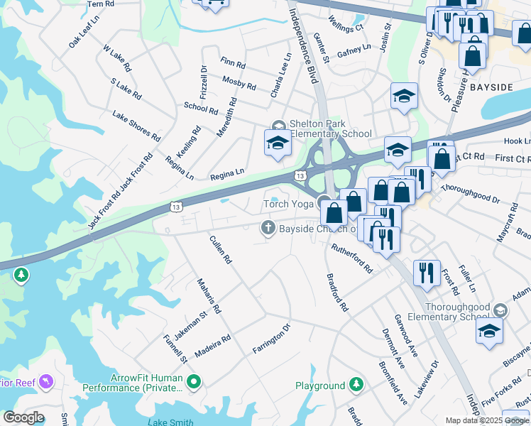 map of restaurants, bars, coffee shops, grocery stores, and more near 5021 Bardith Circle in Virginia Beach