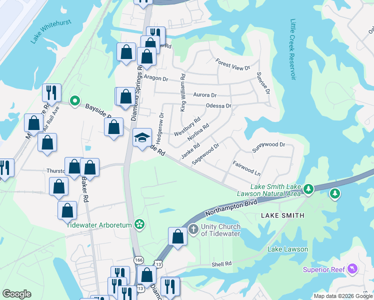 map of restaurants, bars, coffee shops, grocery stores, and more near 1517 Janke Road in Virginia Beach