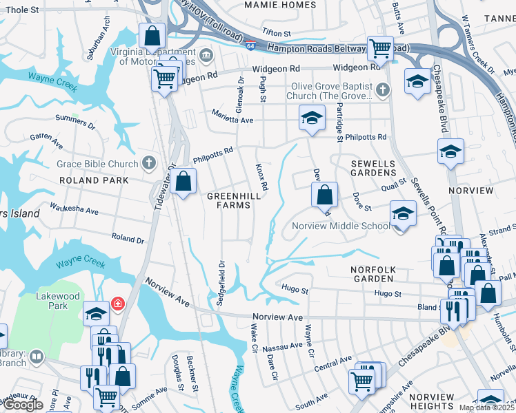 map of restaurants, bars, coffee shops, grocery stores, and more near 6336 Glenoak Drive in Norfolk