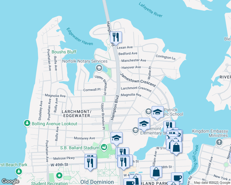 map of restaurants, bars, coffee shops, grocery stores, and more near 5905 Hampton Boulevard in Norfolk
