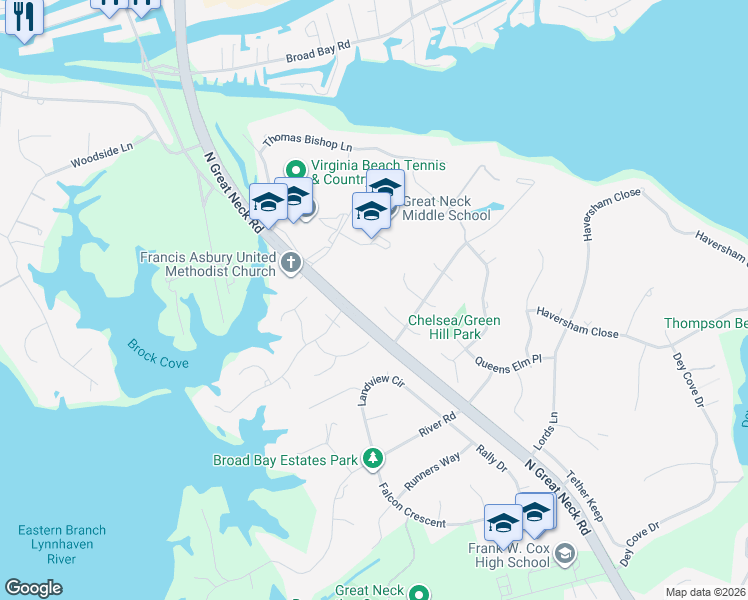map of restaurants, bars, coffee shops, grocery stores, and more near 1816 Claiborne Place in Virginia Beach
