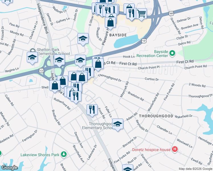 map of restaurants, bars, coffee shops, grocery stores, and more near 4725 Bradston Road in Virginia Beach