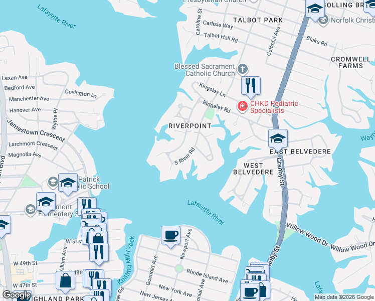map of restaurants, bars, coffee shops, grocery stores, and more near 6023 South River Road in Norfolk