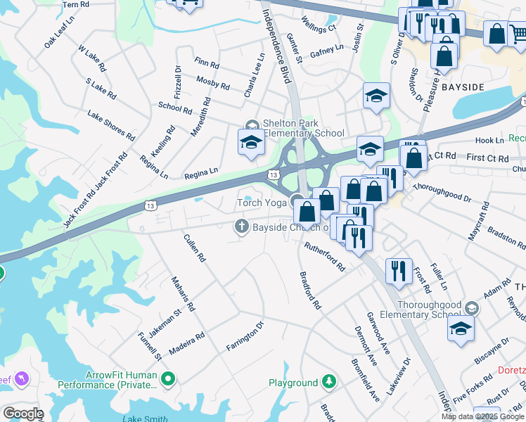map of restaurants, bars, coffee shops, grocery stores, and more near 5297 Bardith Circle in Virginia Beach