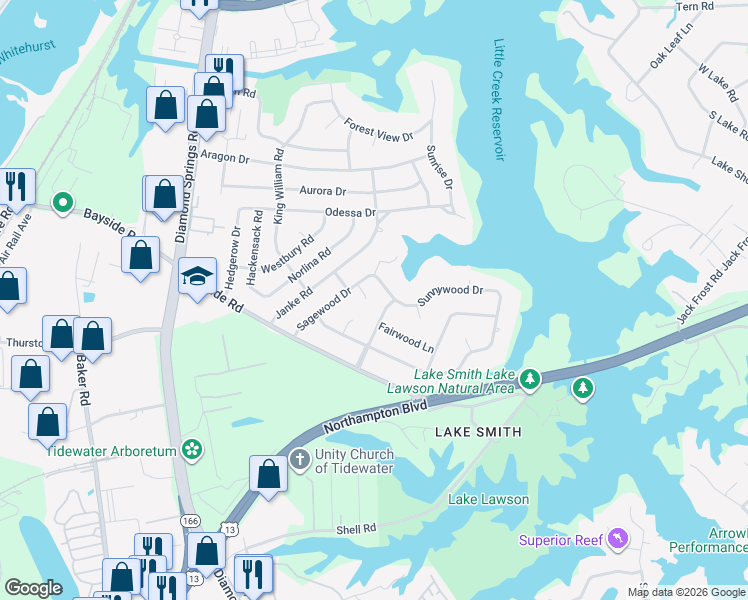 map of restaurants, bars, coffee shops, grocery stores, and more near 5501 Sunnywood Drive in Virginia Beach