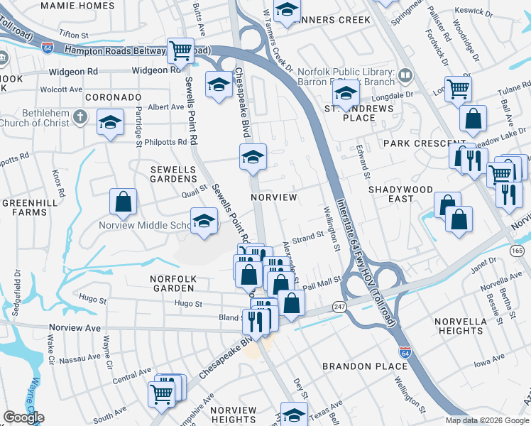 map of restaurants, bars, coffee shops, grocery stores, and more near 6339 Alexander Street in Norfolk