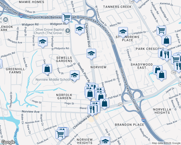 map of restaurants, bars, coffee shops, grocery stores, and more near 6347 Chesapeake Boulevard in Norfolk