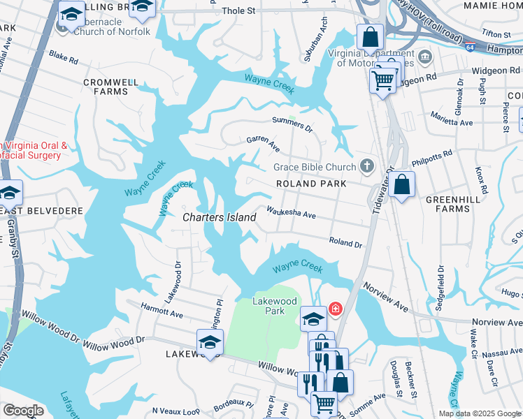 map of restaurants, bars, coffee shops, grocery stores, and more near 505 Waukesha Avenue in Norfolk