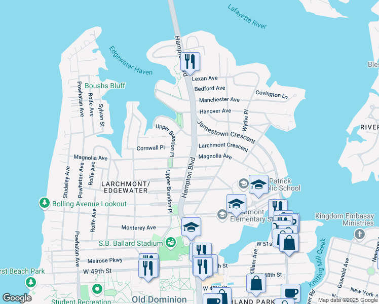 map of restaurants, bars, coffee shops, grocery stores, and more near 5905 Hampton Boulevard in Norfolk