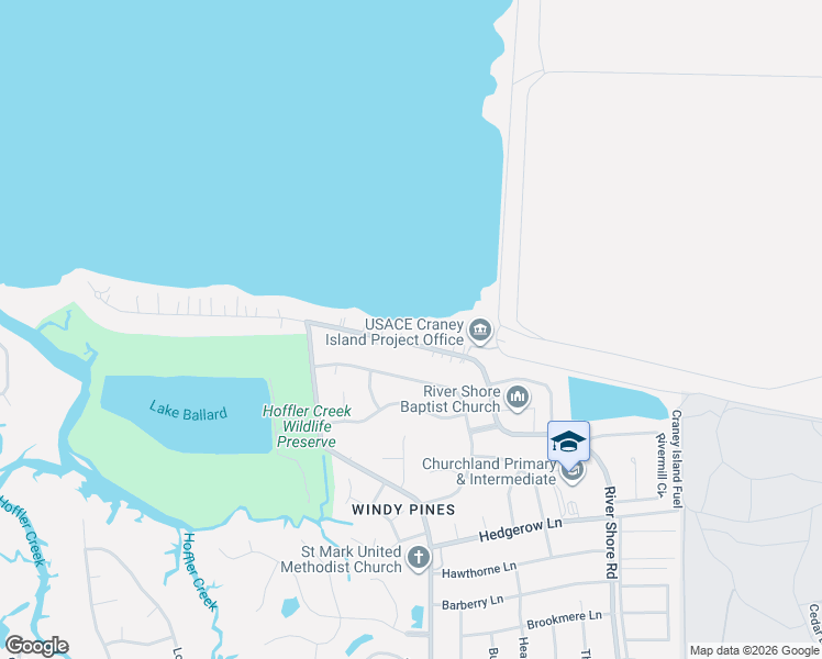 map of restaurants, bars, coffee shops, grocery stores, and more near 4627 River Shore Road in Portsmouth