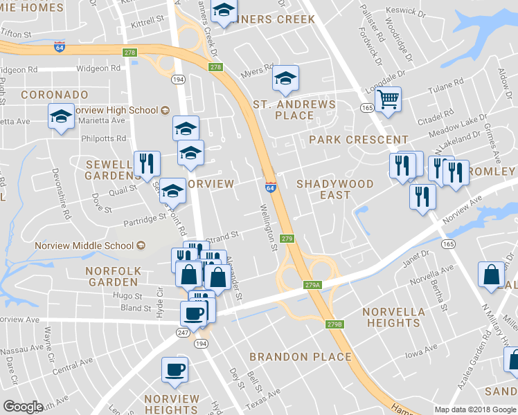 map of restaurants, bars, coffee shops, grocery stores, and more near 6325 Wellington Street in Norfolk