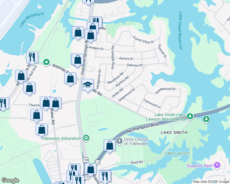 map of restaurants, bars, coffee shops, grocery stores, and more near 1517 Janke Road in Virginia Beach