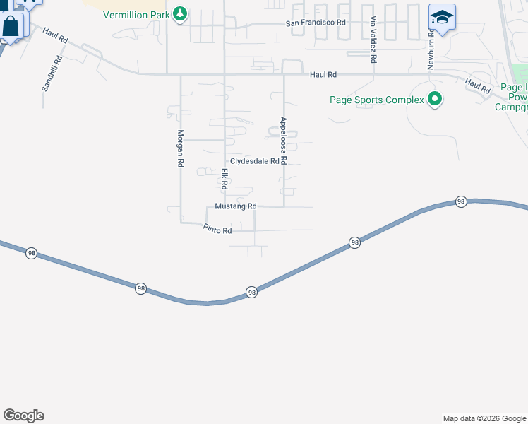 map of restaurants, bars, coffee shops, grocery stores, and more near 543 Mustang Road in Page