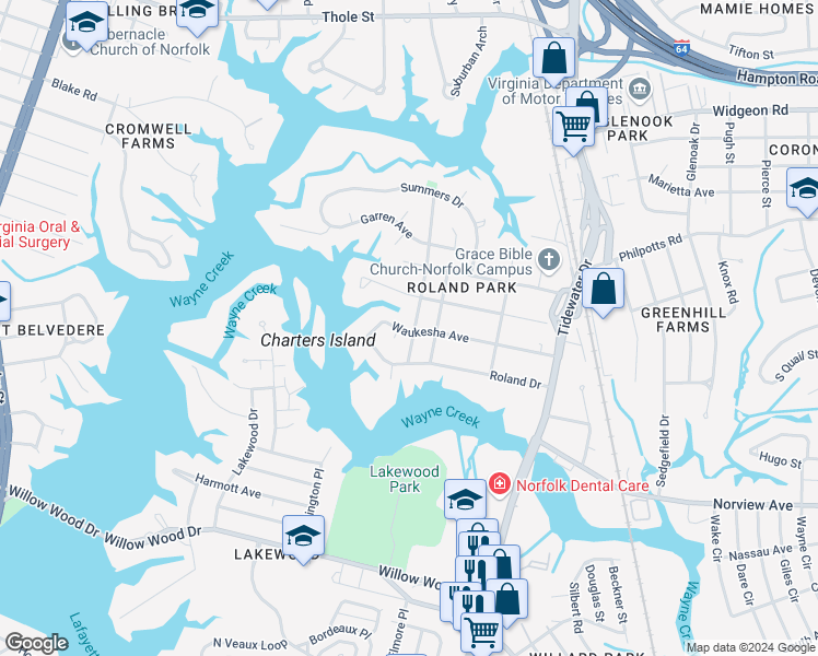 map of restaurants, bars, coffee shops, grocery stores, and more near 6301 Tappahannock Drive in Norfolk