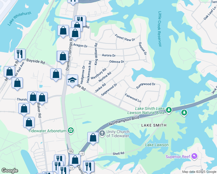 map of restaurants, bars, coffee shops, grocery stores, and more near 1525 Sagewood Drive in Virginia Beach