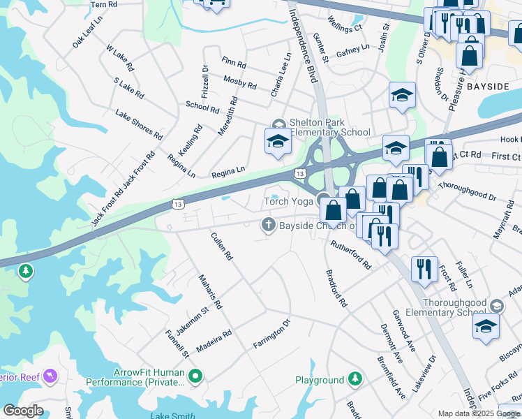 map of restaurants, bars, coffee shops, grocery stores, and more near 5332 Bardith Circle in Virginia Beach