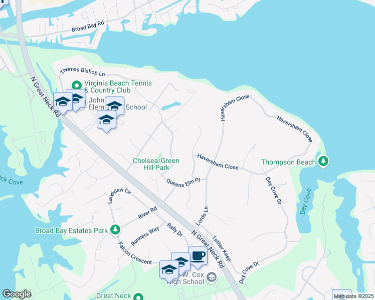 map of restaurants, bars, coffee shops, grocery stores, and more near 1828 Duke of York Quay in Virginia Beach