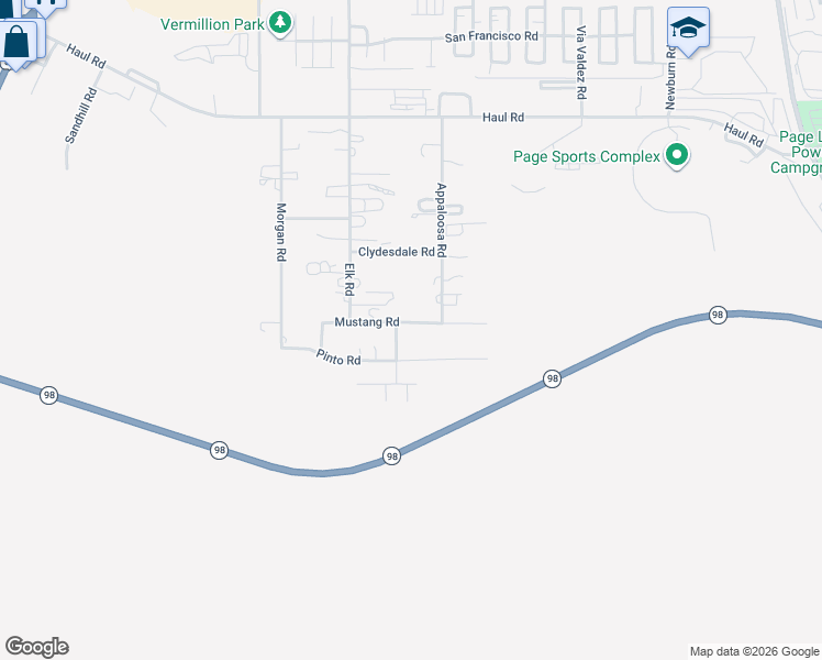 map of restaurants, bars, coffee shops, grocery stores, and more near 573 Mustang Road in Page