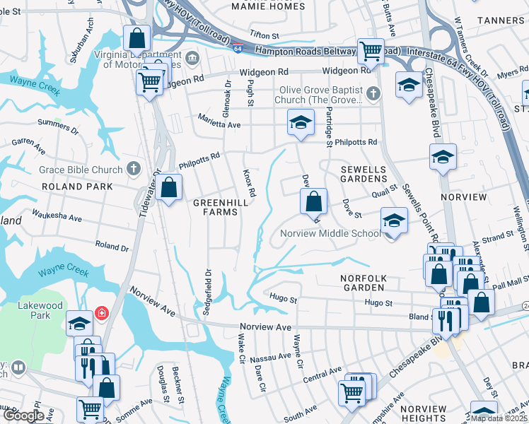 map of restaurants, bars, coffee shops, grocery stores, and more near 6418 Knox Road in Norfolk