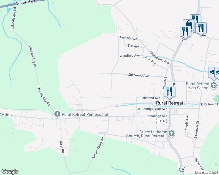 map of restaurants, bars, coffee shops, grocery stores, and more near 268 Richfield Street in Rural Retreat