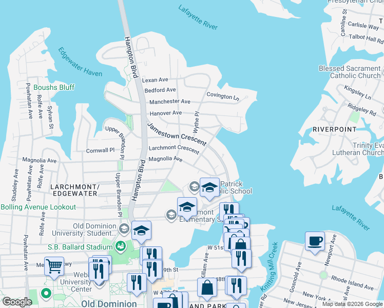 map of restaurants, bars, coffee shops, grocery stores, and more near 1015 Larchmont Crescent in Norfolk
