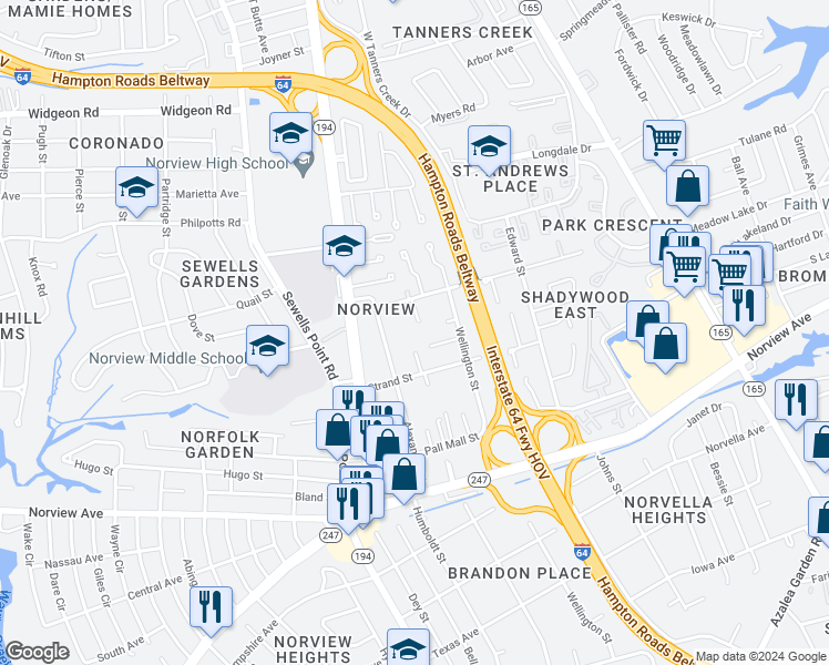 map of restaurants, bars, coffee shops, grocery stores, and more near 6343 Picadilly Square in Norfolk