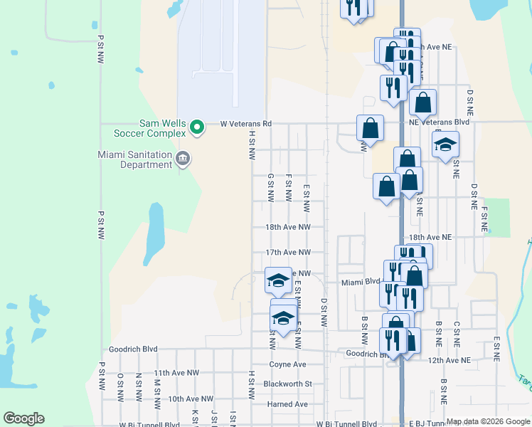 map of restaurants, bars, coffee shops, grocery stores, and more near 1815 G Street Northwest in Miami