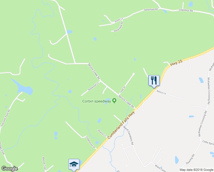 map of restaurants, bars, coffee shops, grocery stores, and more near Spruce Creek Road in Corbin