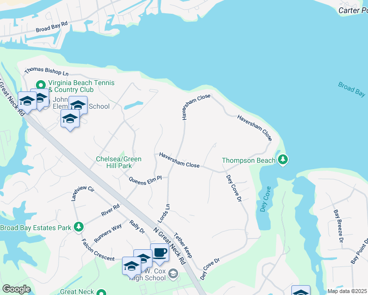 map of restaurants, bars, coffee shops, grocery stores, and more near 2212 Haversham Close in Virginia Beach