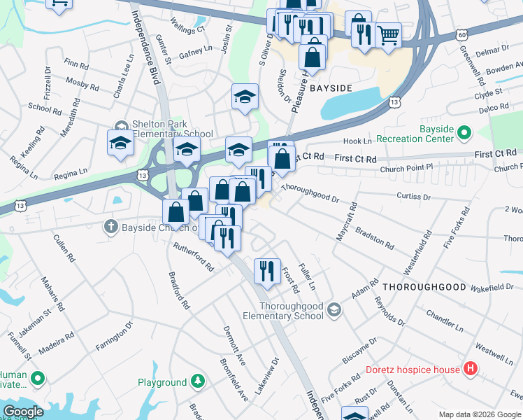 map of restaurants, bars, coffee shops, grocery stores, and more near 4769 Hermitage Road in Virginia Beach