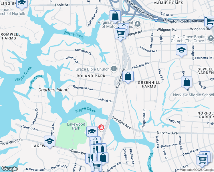 map of restaurants, bars, coffee shops, grocery stores, and more near 719 Kenosha Avenue in Norfolk