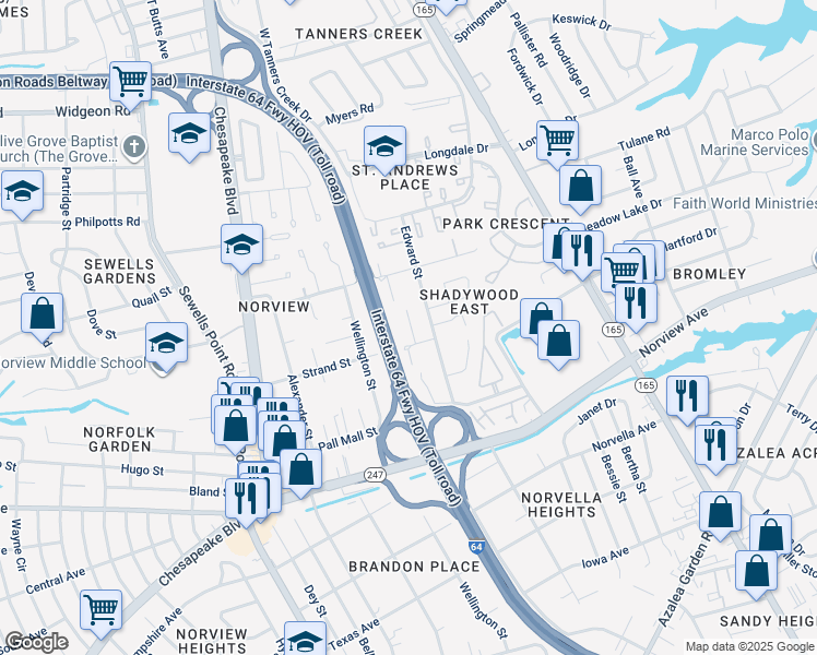 map of restaurants, bars, coffee shops, grocery stores, and more near 1360 Strand Street in Norfolk