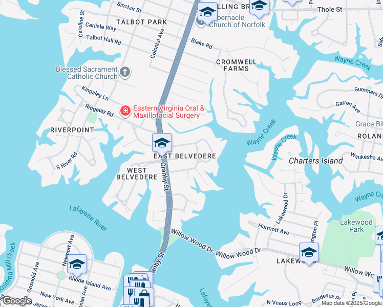 map of restaurants, bars, coffee shops, grocery stores, and more near 114 Belvedere Road in Norfolk