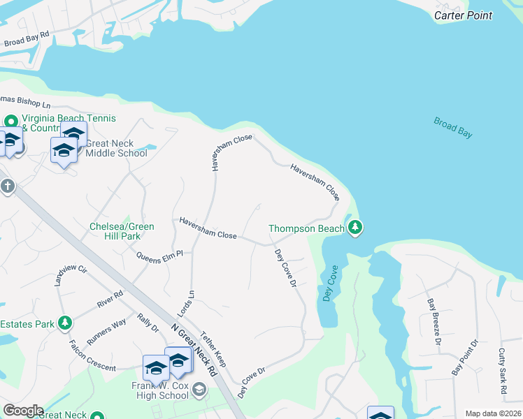 map of restaurants, bars, coffee shops, grocery stores, and more near 1820 Haversham Key in Virginia Beach