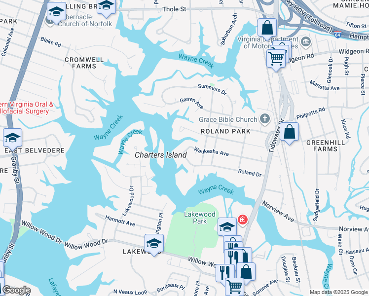map of restaurants, bars, coffee shops, grocery stores, and more near 6243 Saranac Avenue in Norfolk