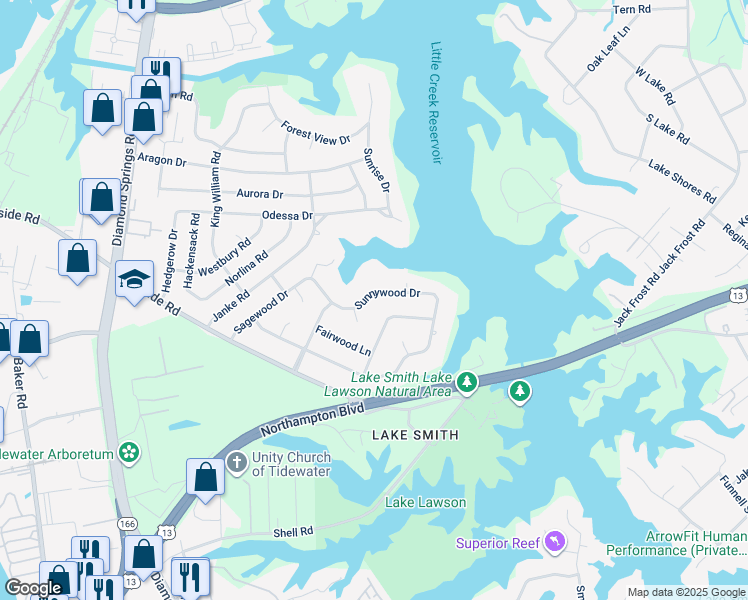 map of restaurants, bars, coffee shops, grocery stores, and more near 5437 Sunnywood Drive in Virginia Beach