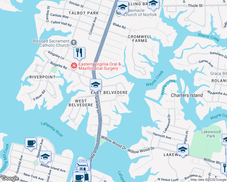 map of restaurants, bars, coffee shops, grocery stores, and more near 114 Belvedere Road in Norfolk