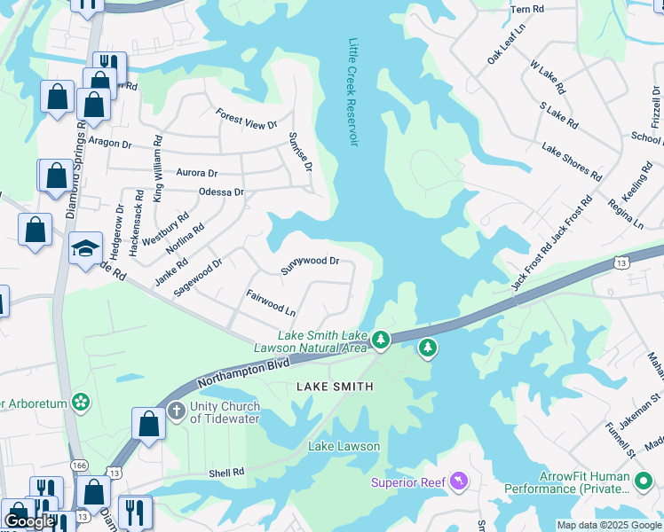 map of restaurants, bars, coffee shops, grocery stores, and more near 5413 Sunnywood Drive in Virginia Beach
