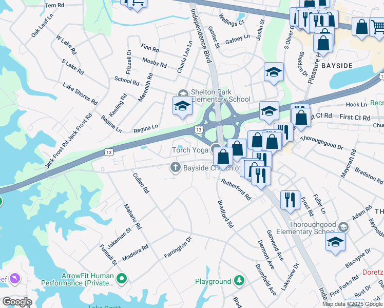 map of restaurants, bars, coffee shops, grocery stores, and more near 5285 Bardith Circle in Virginia Beach