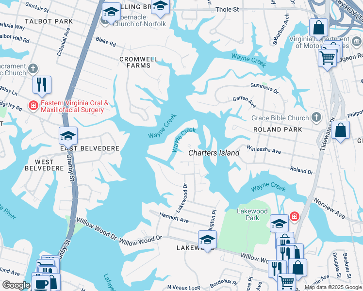 map of restaurants, bars, coffee shops, grocery stores, and more near 5737 Shenandoah Avenue in Norfolk