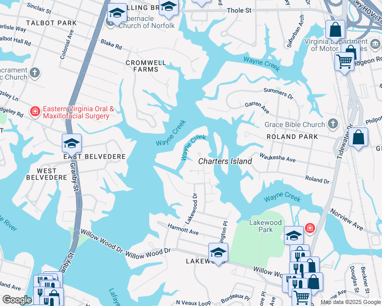map of restaurants, bars, coffee shops, grocery stores, and more near 5737 Shenandoah Avenue in Norfolk